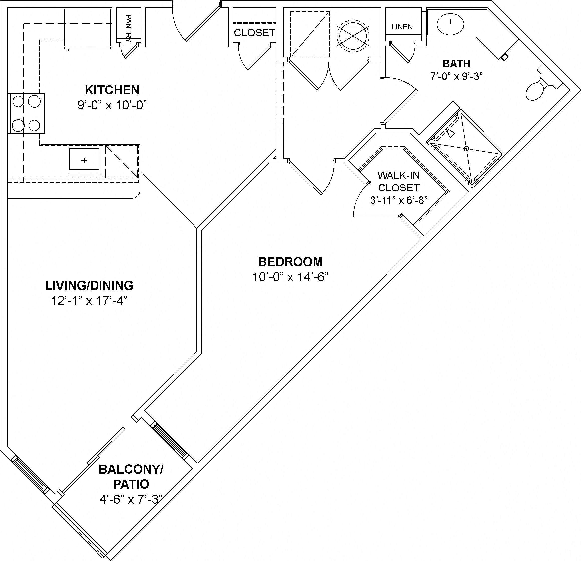 Floor plan for 1 bed, 1 bath, 799 sqft